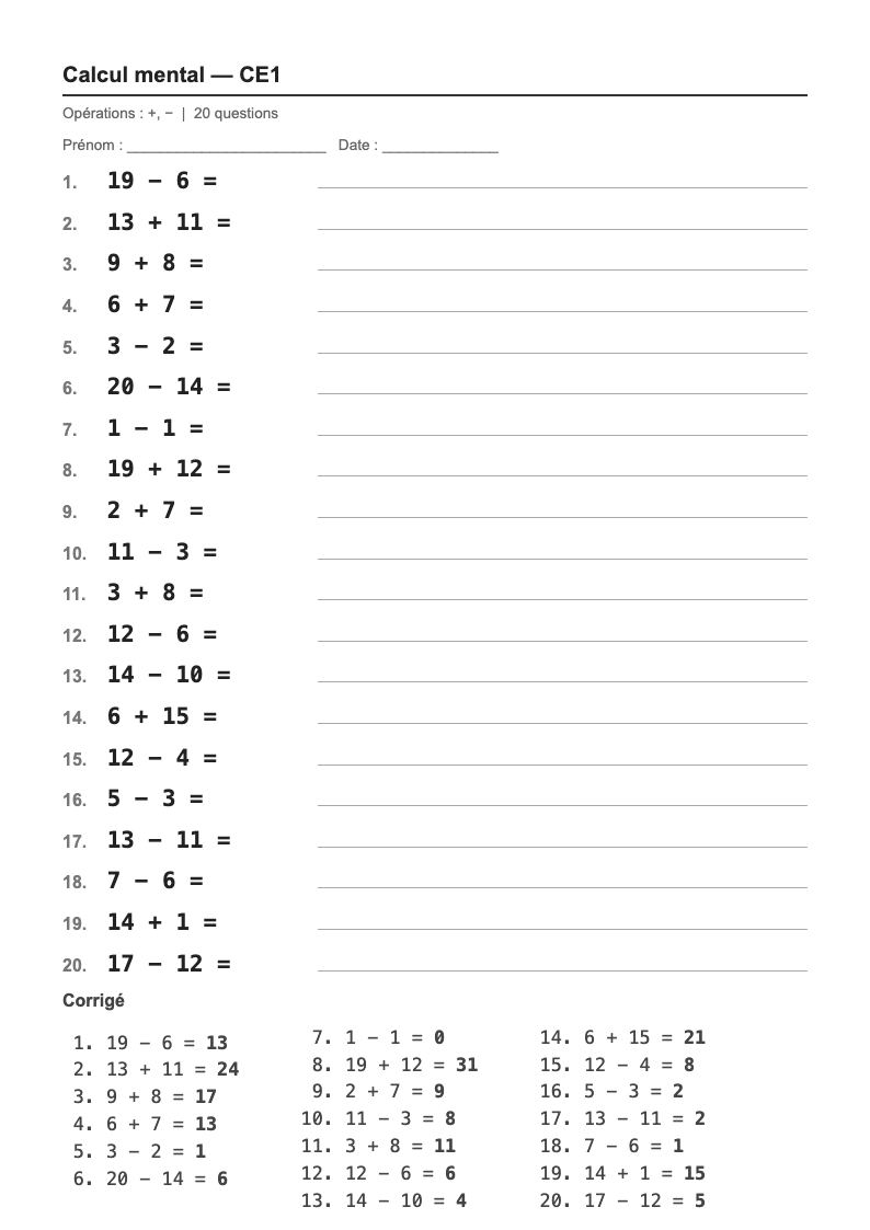 Calcul mental — CE1 : les tables d'addition, fiches d'exercices à imprimer