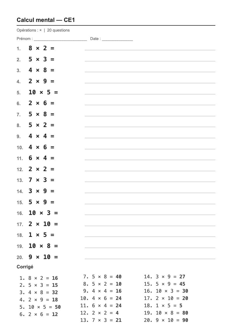 Calcul mental — CE1 : les tables de multiplication, fiches d'exercices à imprimer