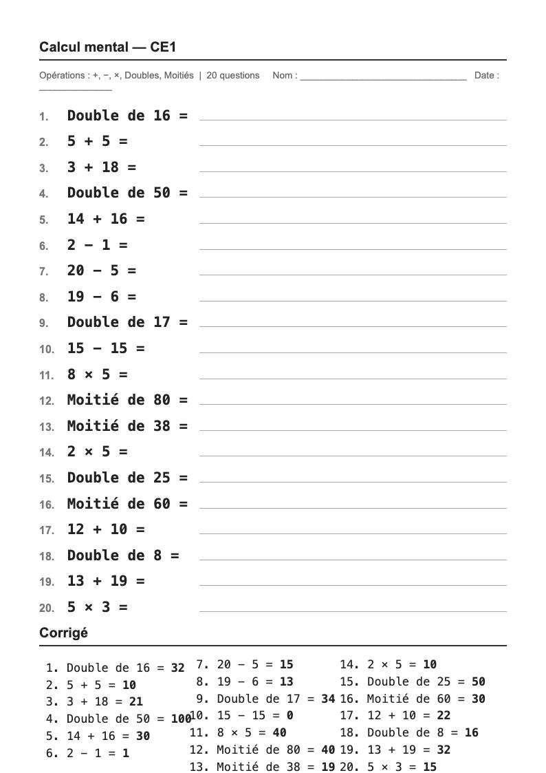 Calcul mental — CE1 : fiches d'exercices à imprimer