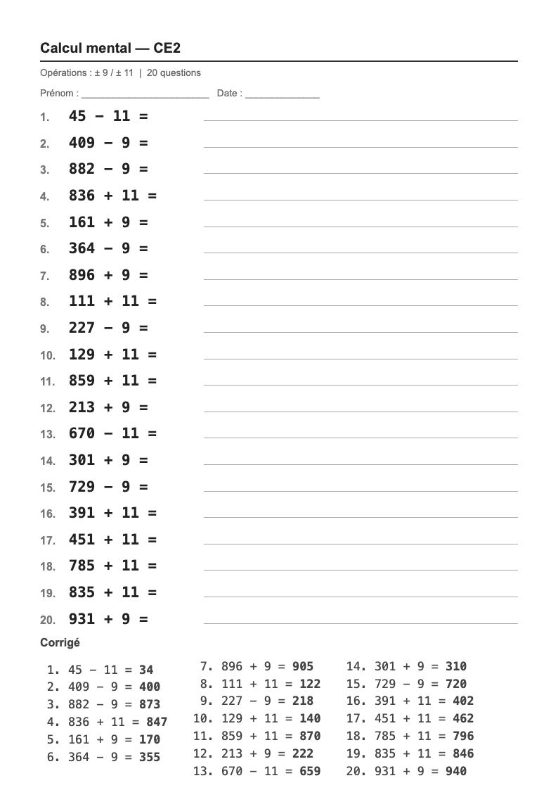Calcul mental — CE2 : ajouter ou retirer 9 et 11, fiches d'exercices à imprimer