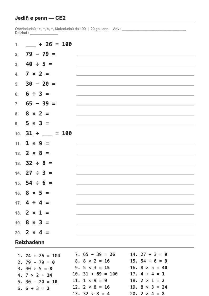 Calcul mental — CE2 : fiches d'exercices à imprimer (consignes en breton)