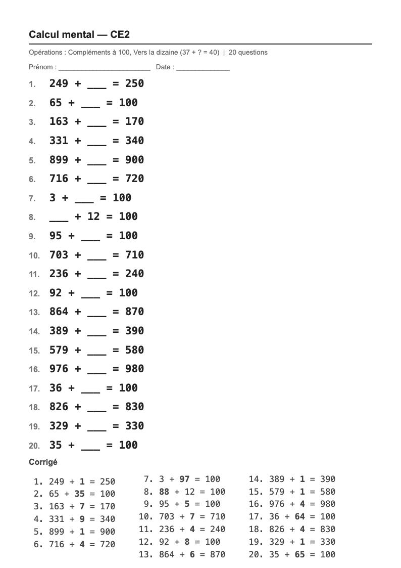 Calcul mental — CE2 : les compléments à la dizaine et à 100, fiches d'exercices à imprimer