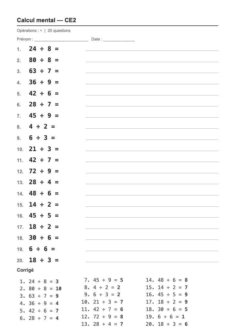 Calcul mental — CE2 : la division, fiches d'exercices à imprimer