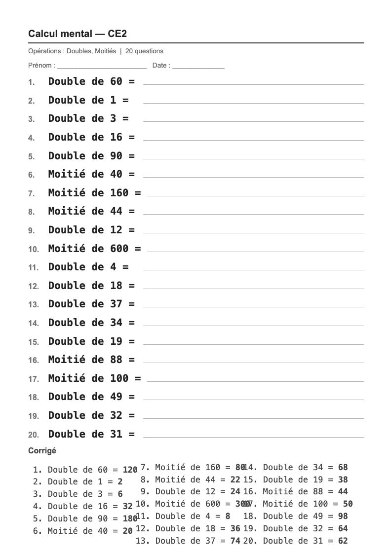 Calcul mental — CE2 : doubles et moitiés, fiches d'exercices à imprimer