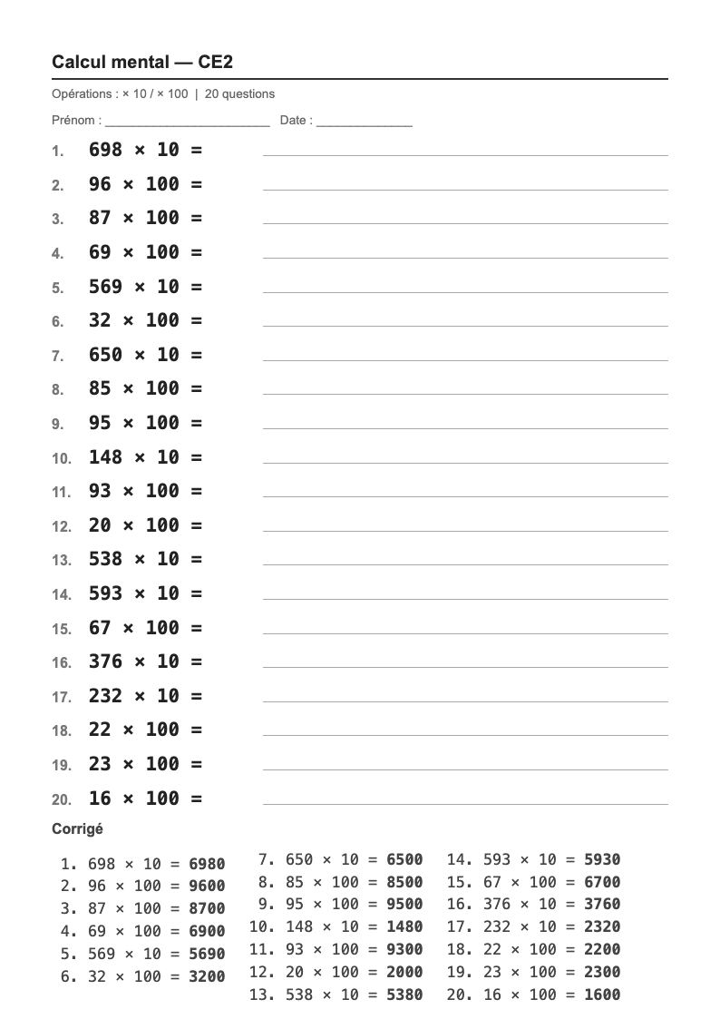 Calcul mental — CE2 : multiplier par 10 et par 100, fiches d'exercices à imprimer