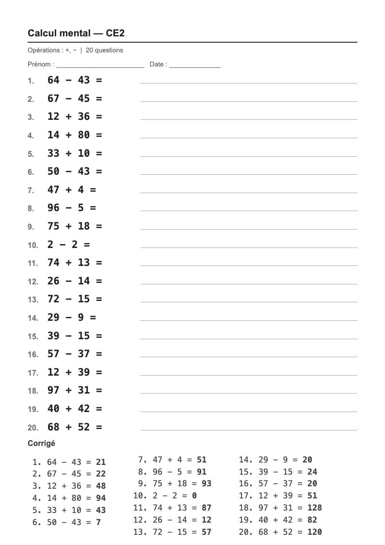 Calcul mental — CE2 : les tables d'addition, fiches d'exercices à imprimer