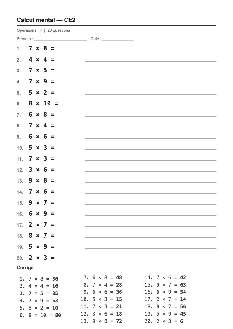 Calcul mental — CE2 : les tables de multiplication, fiches d'exercices à imprimer