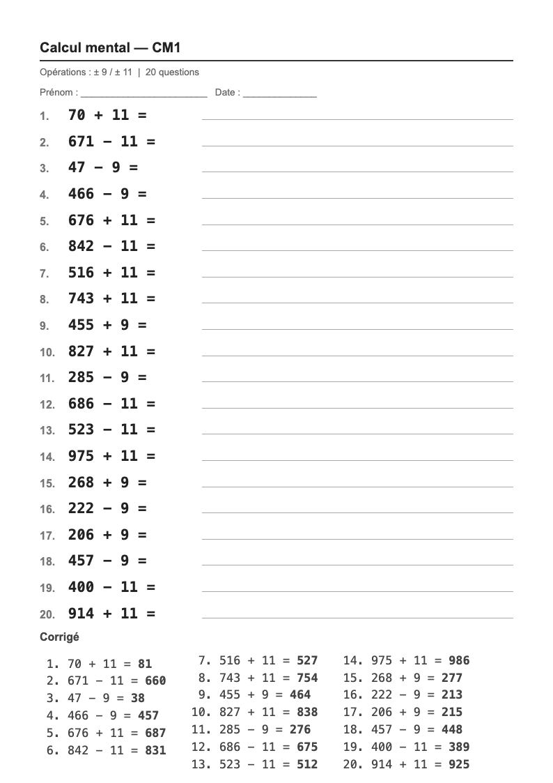 Calcul mental — CM1 : ajouter ou retirer 9 et 11, fiches d'exercices à imprimer