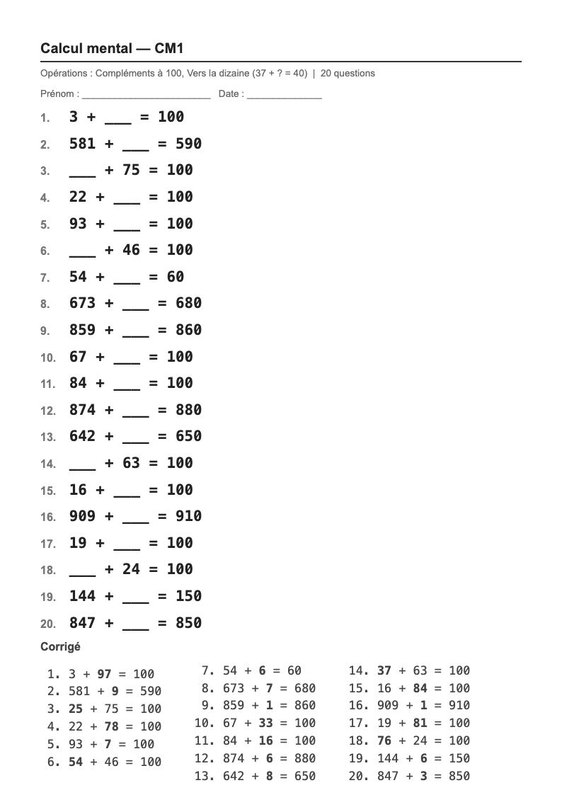 Calcul mental — CM1 : les compléments à la dizaine et à 100, fiches d'exercices à imprimer