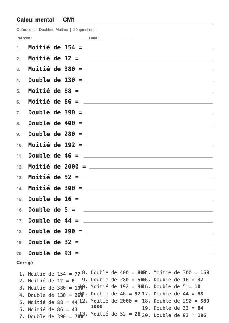Calcul mental — CM1 : doubles et moitiés, fiches d'exercices à imprimer