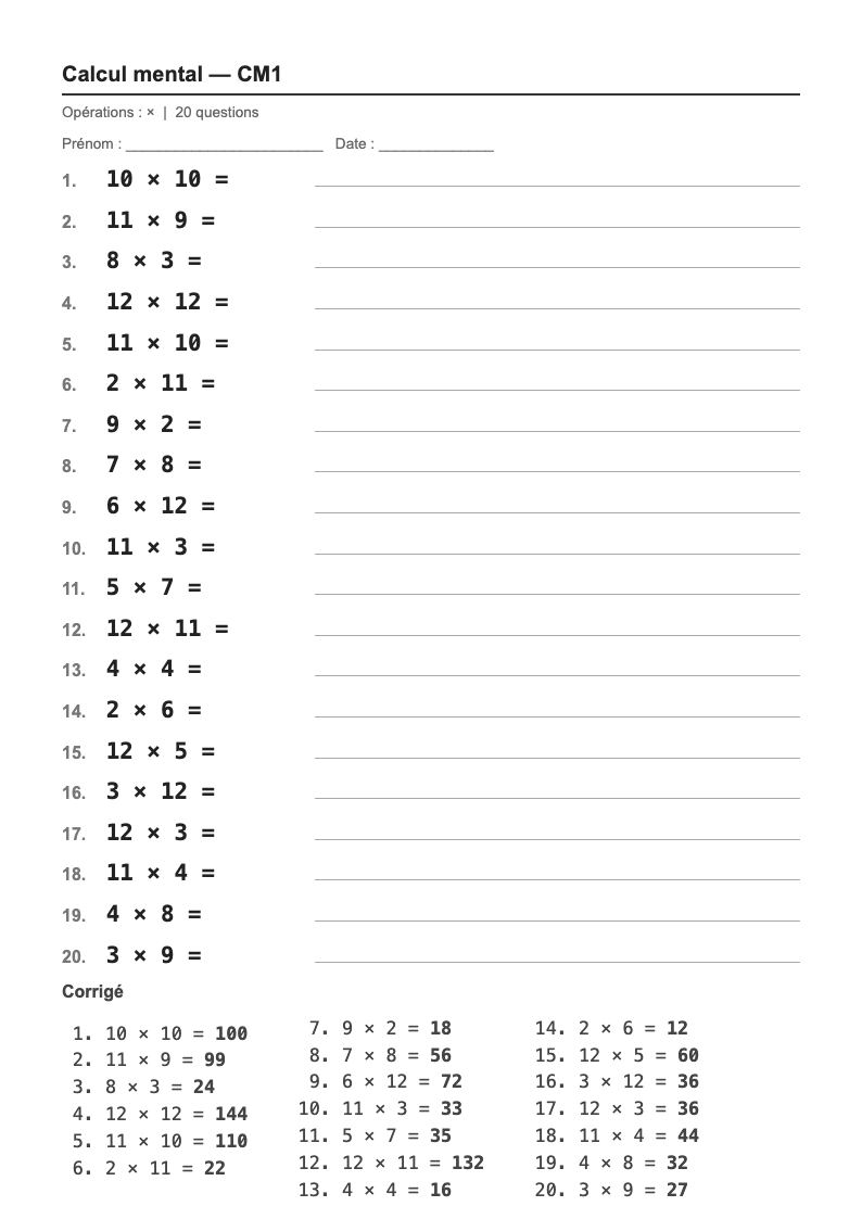Calcul mental — CM1 : les tables de multiplication, fiches d'exercices à imprimer