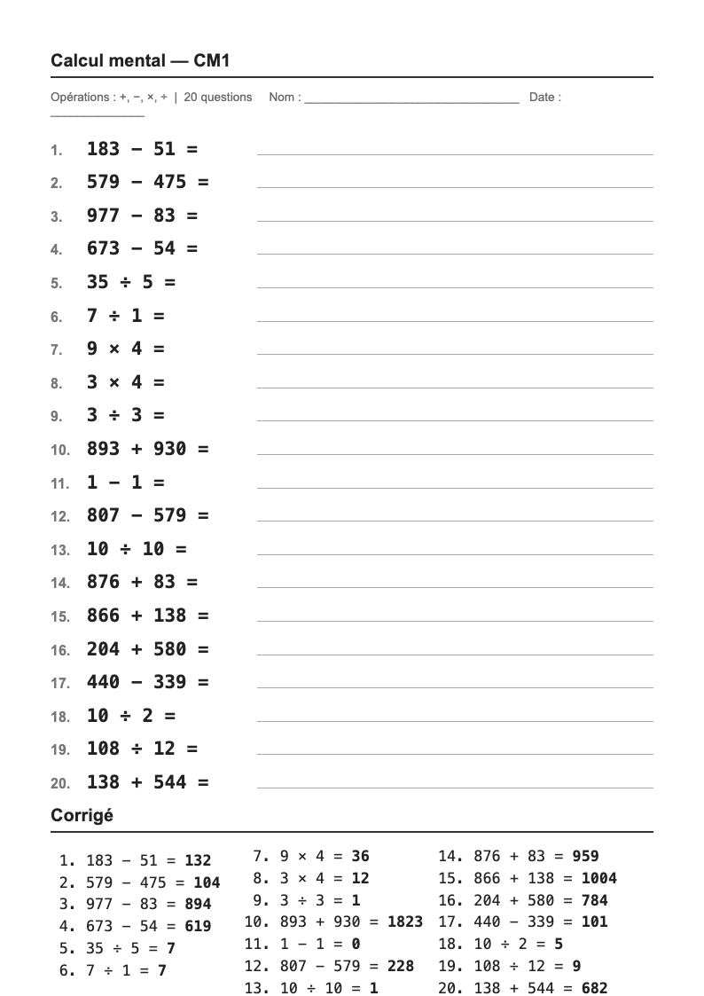 Calcul mental — CM1 : fiches d'exercices à imprimer