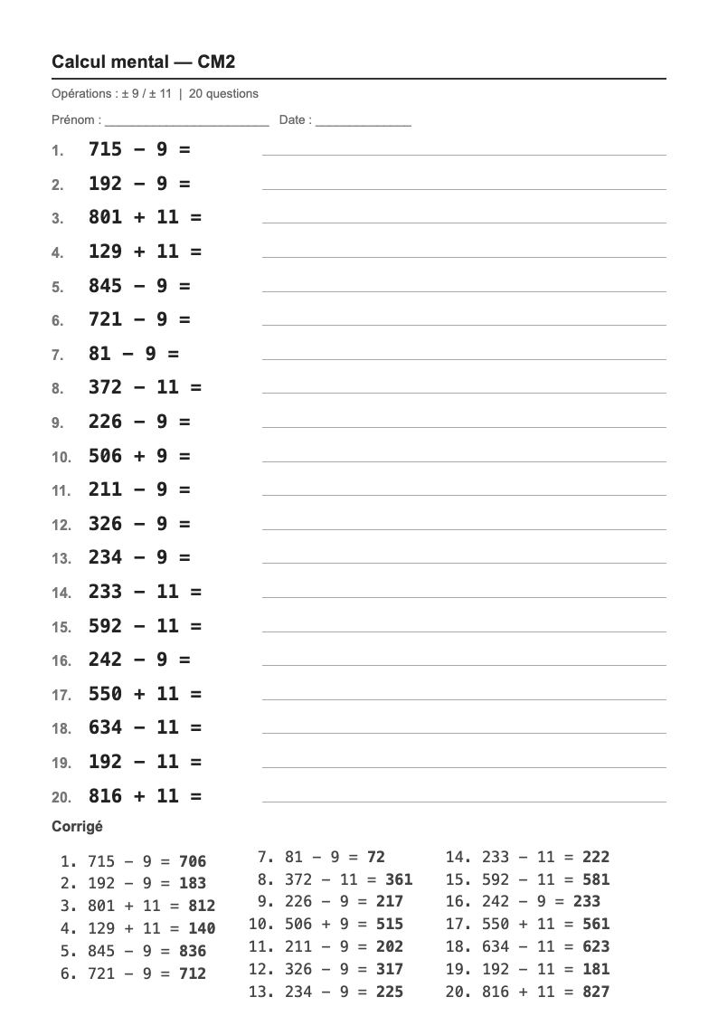 Calcul mental — CM2 : ajouter ou retirer 9 et 11, fiches d'exercices à imprimer