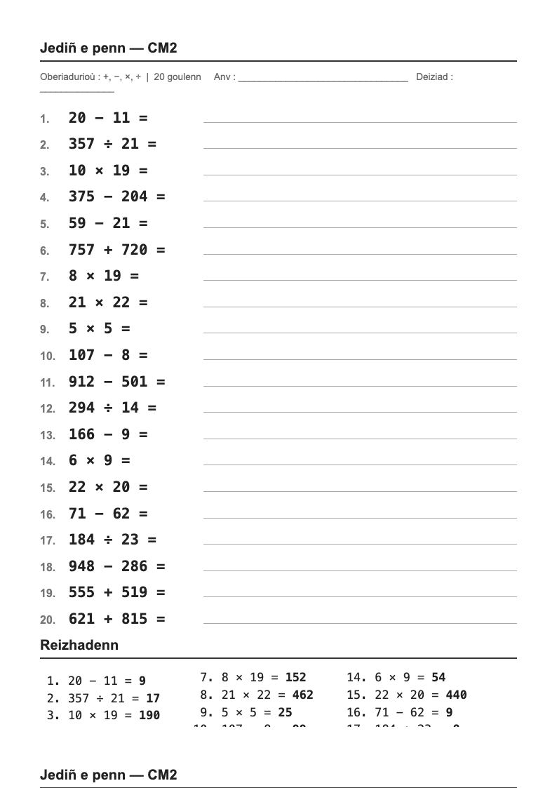 Calcul mental — CM2 : fiches d'exercices à imprimer (consignes en breton)