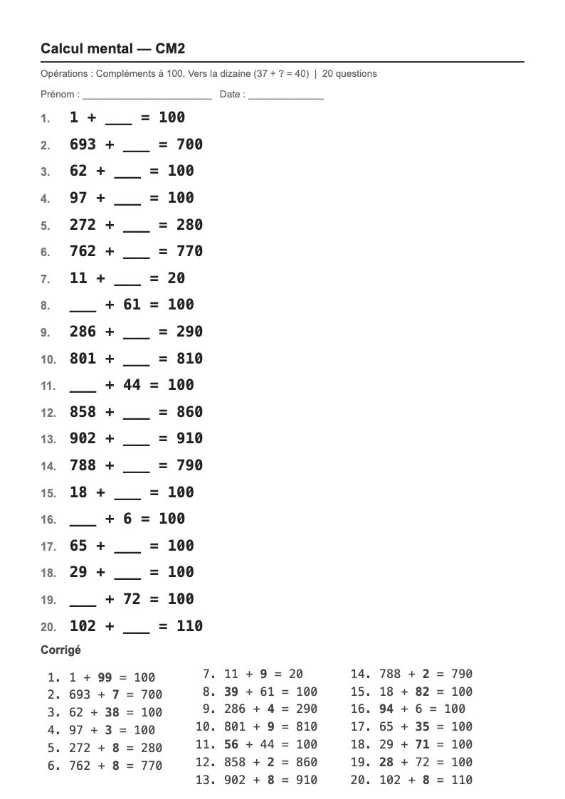 Calcul mental — CM2 : les compléments à la dizaine et à 100, fiches d'exercices à imprimer