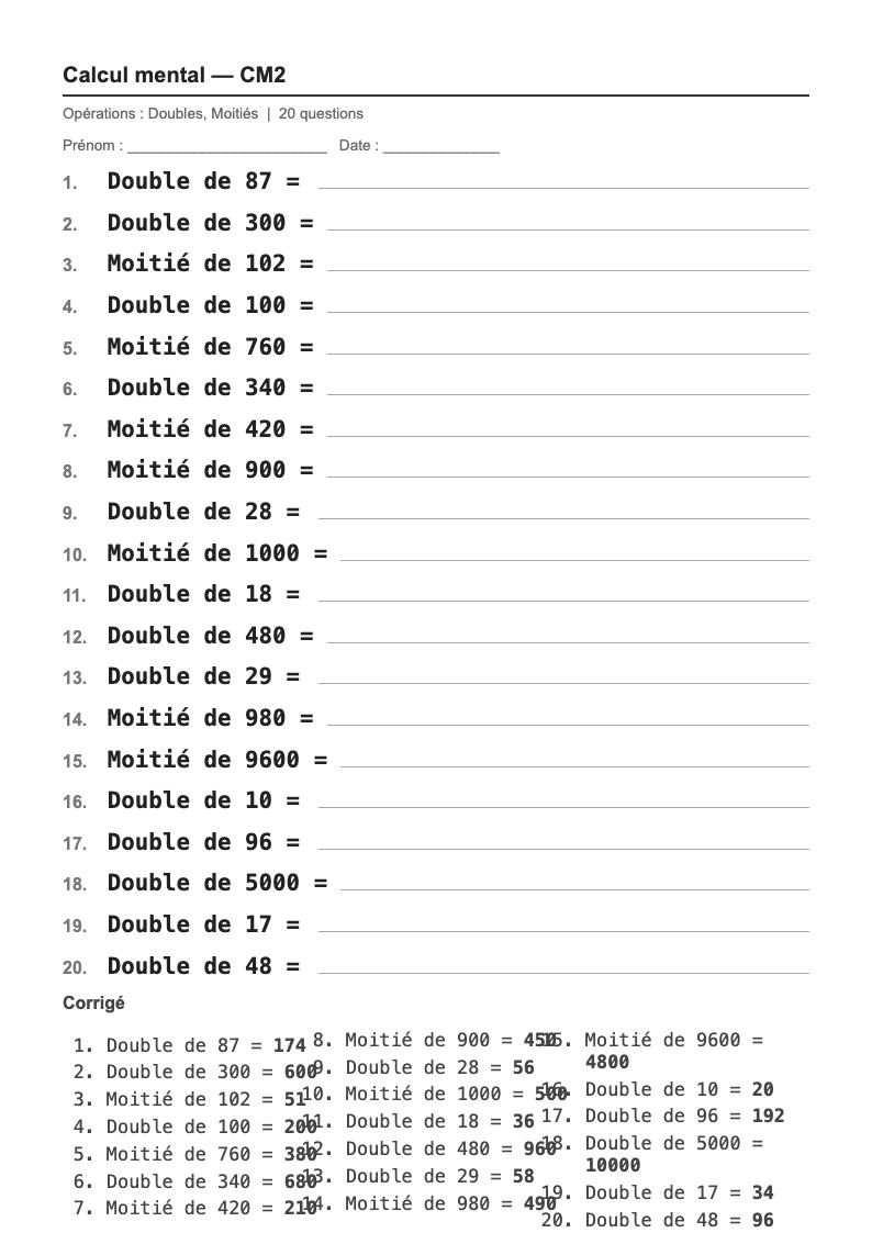 Calcul mental — CM2 : doubles et moitiés, fiches d'exercices à imprimer