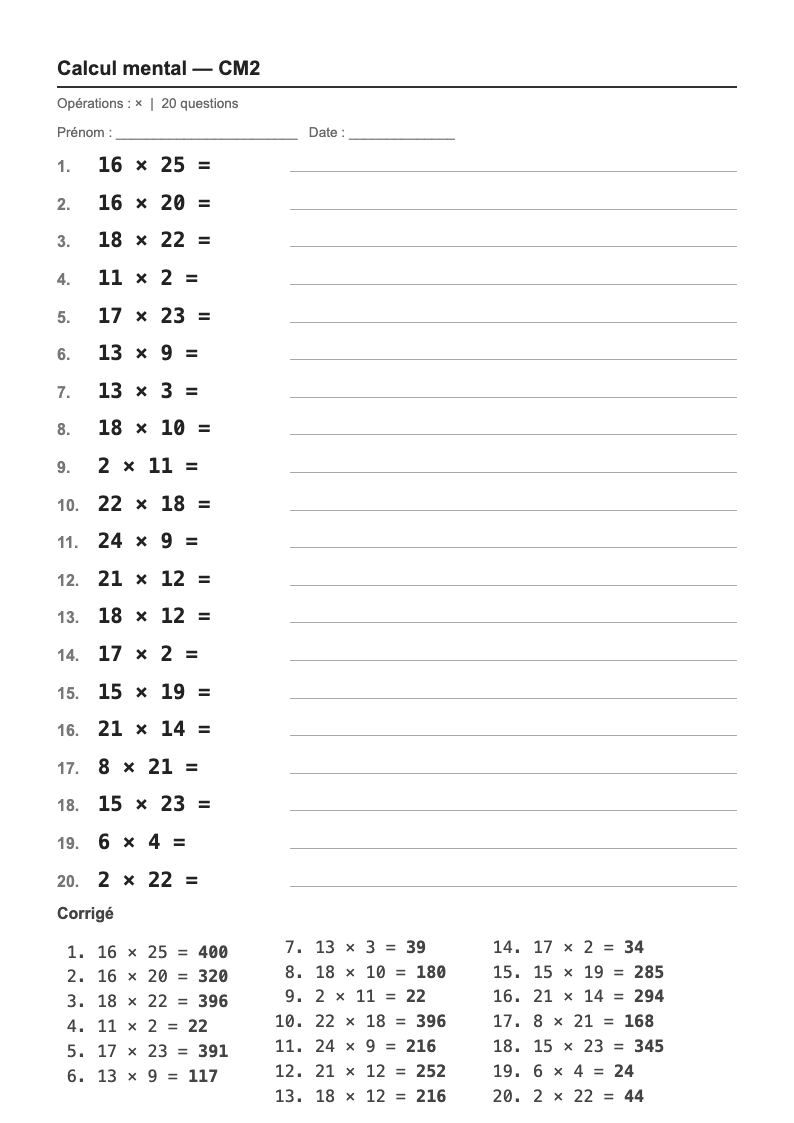 Calcul mental — CM2 : les tables de multiplication, fiches d'exercices à imprimer