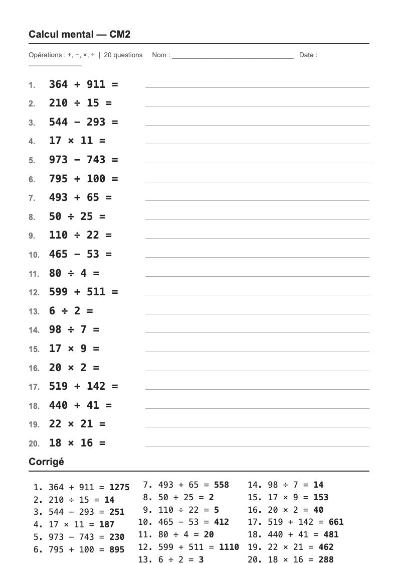 Calcul mental — CM2 : fiches d'exercices à imprimer