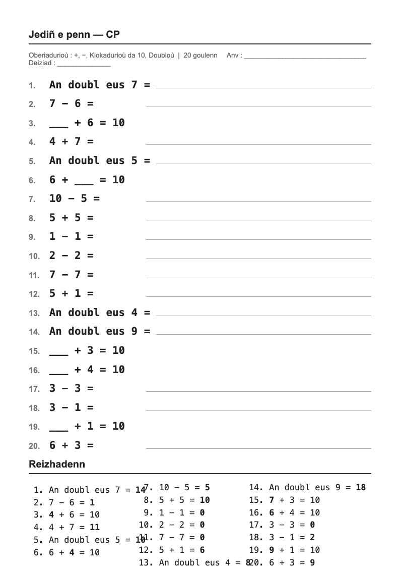 Calcul mental — CP : fiches d'exercices à imprimer (consignes en breton)