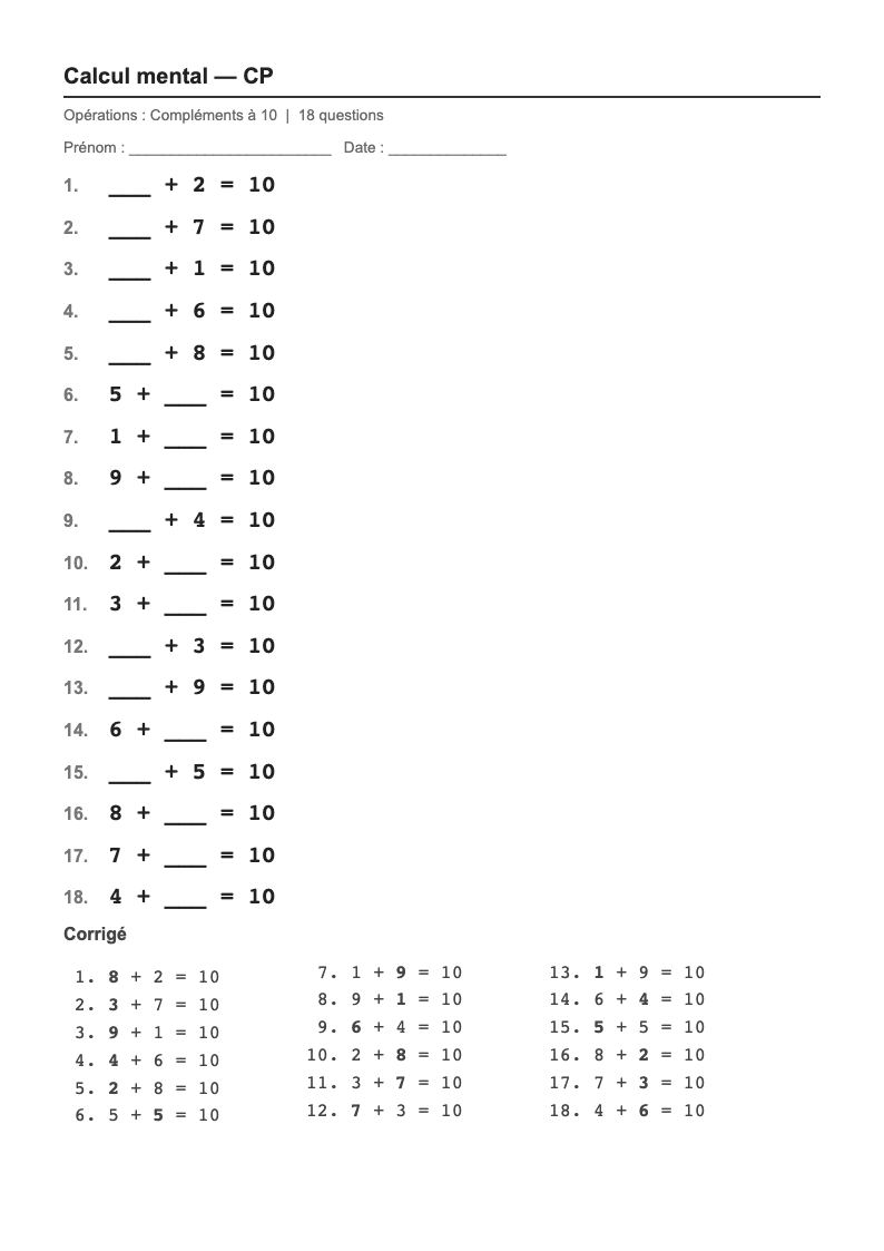 Calcul mental — CP : les compléments à 10, fiches d'exercices à imprimer