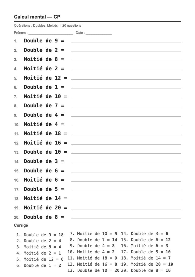 Calcul mental — CP : doubles et moitiés, fiches d'exercices à imprimer