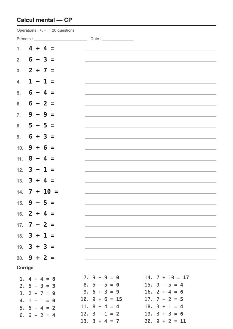 Calcul mental — CP : les tables d'addition, fiches d'exercices à imprimer