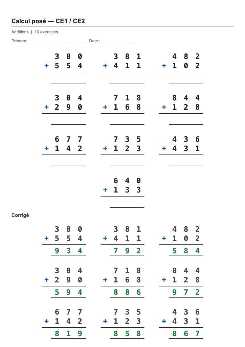 Calcul posé — CE1 : l'addition posée, fiches d'exercices à imprimer