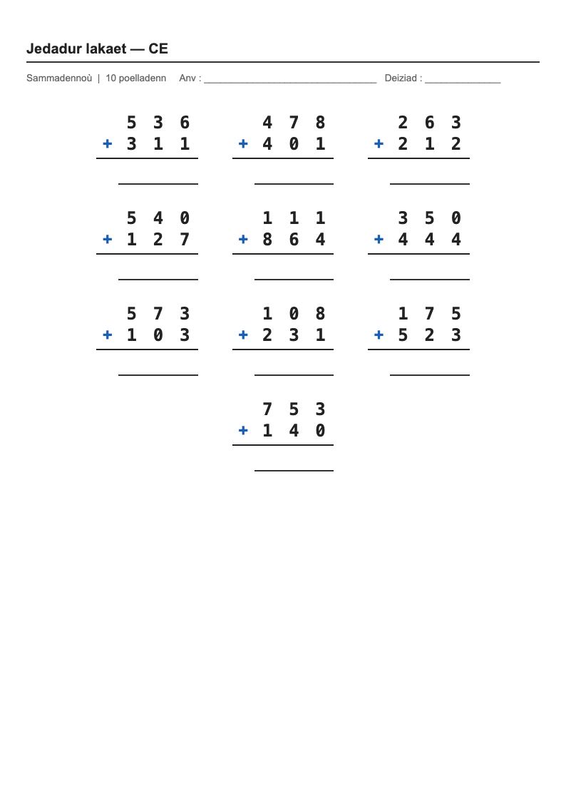 Calcul posé — CE1 : fiches d'exercices à imprimer (consignes en breton)