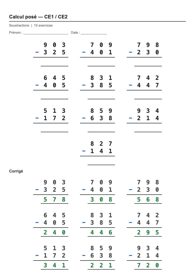 Calcul posé — CE1 : la soustraction posée, fiches d'exercices à imprimer