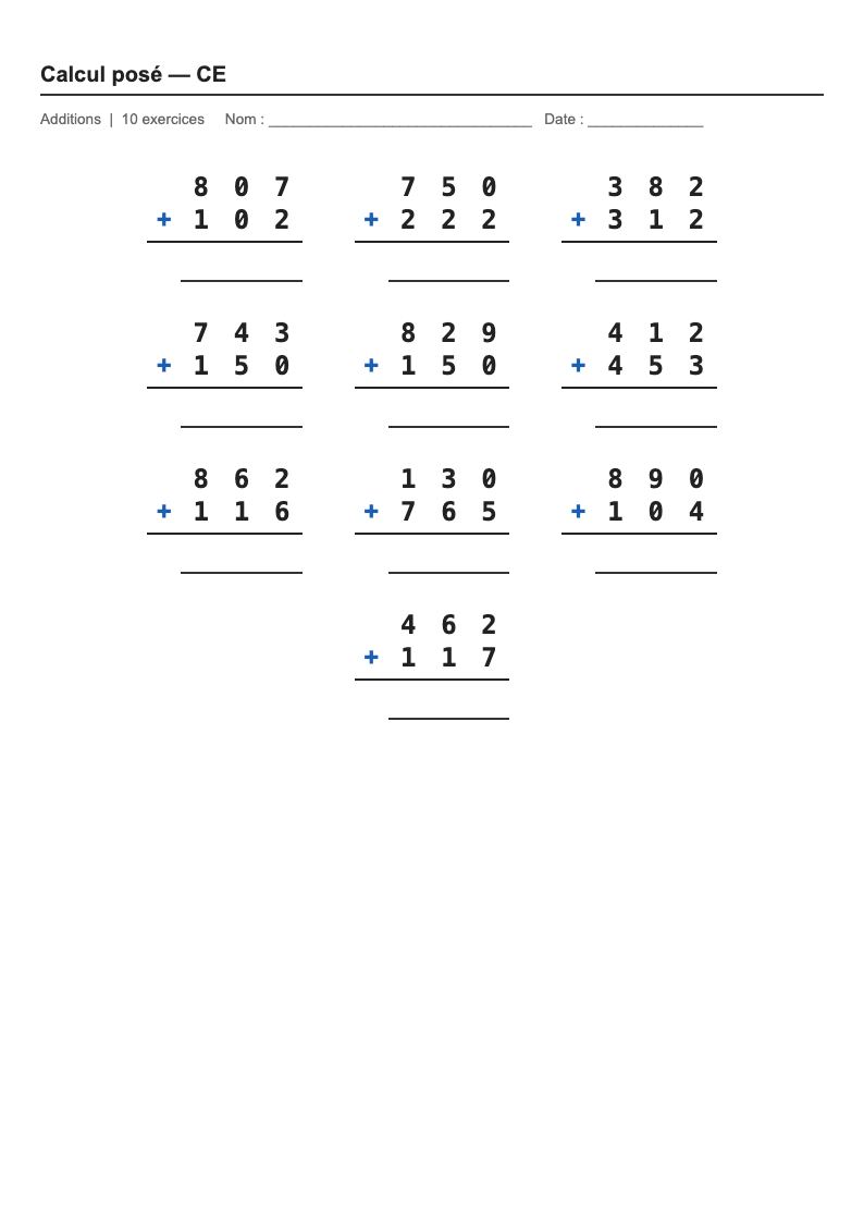 Calcul posé — CE1 : fiches d'exercices à imprimer