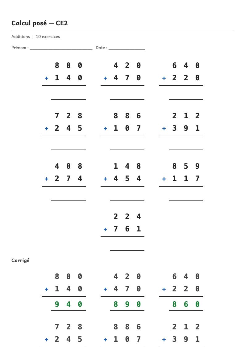 Calcul posé — CE2 : l'addition posée, fiches d'exercices à imprimer