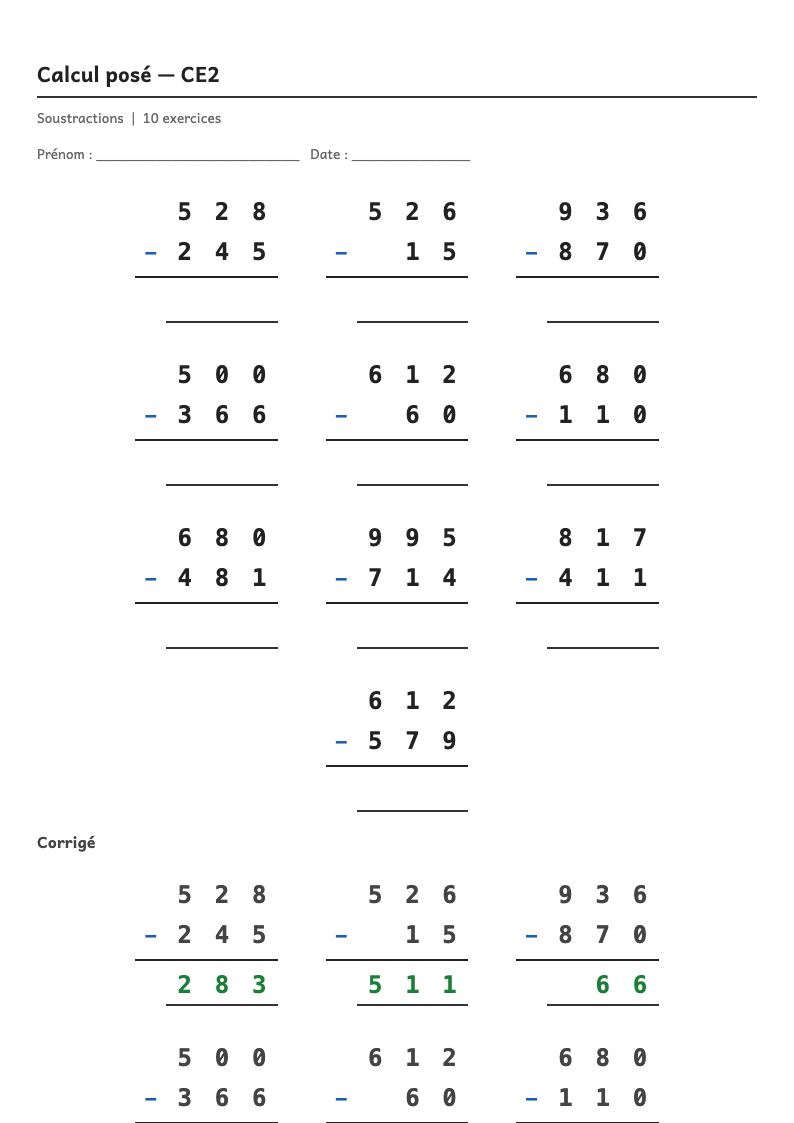 Calcul posé — CE2 : la soustraction posée, fiches d'exercices à imprimer