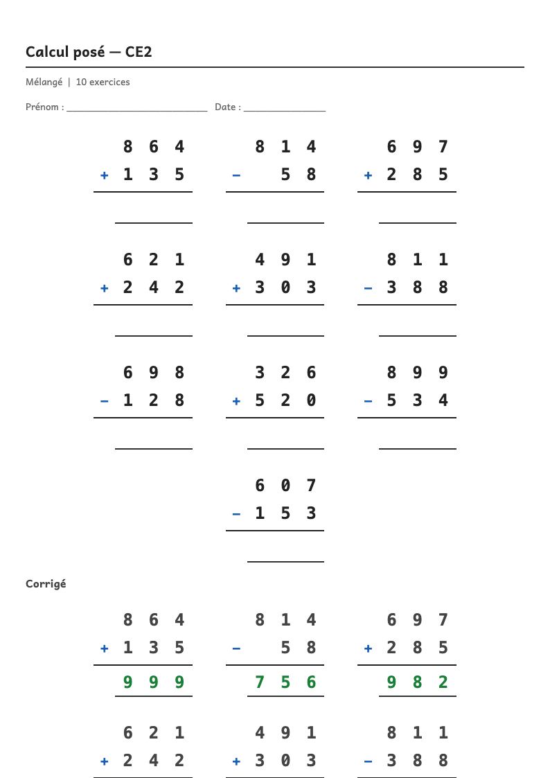 Calcul posé — CE2 : fiches d'exercices à imprimer
