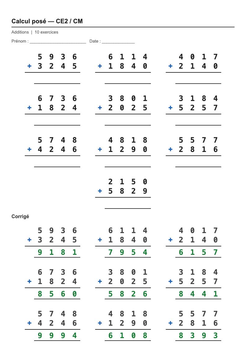 Calcul posé — CM1 : l'addition posée, fiches d'exercices à imprimer