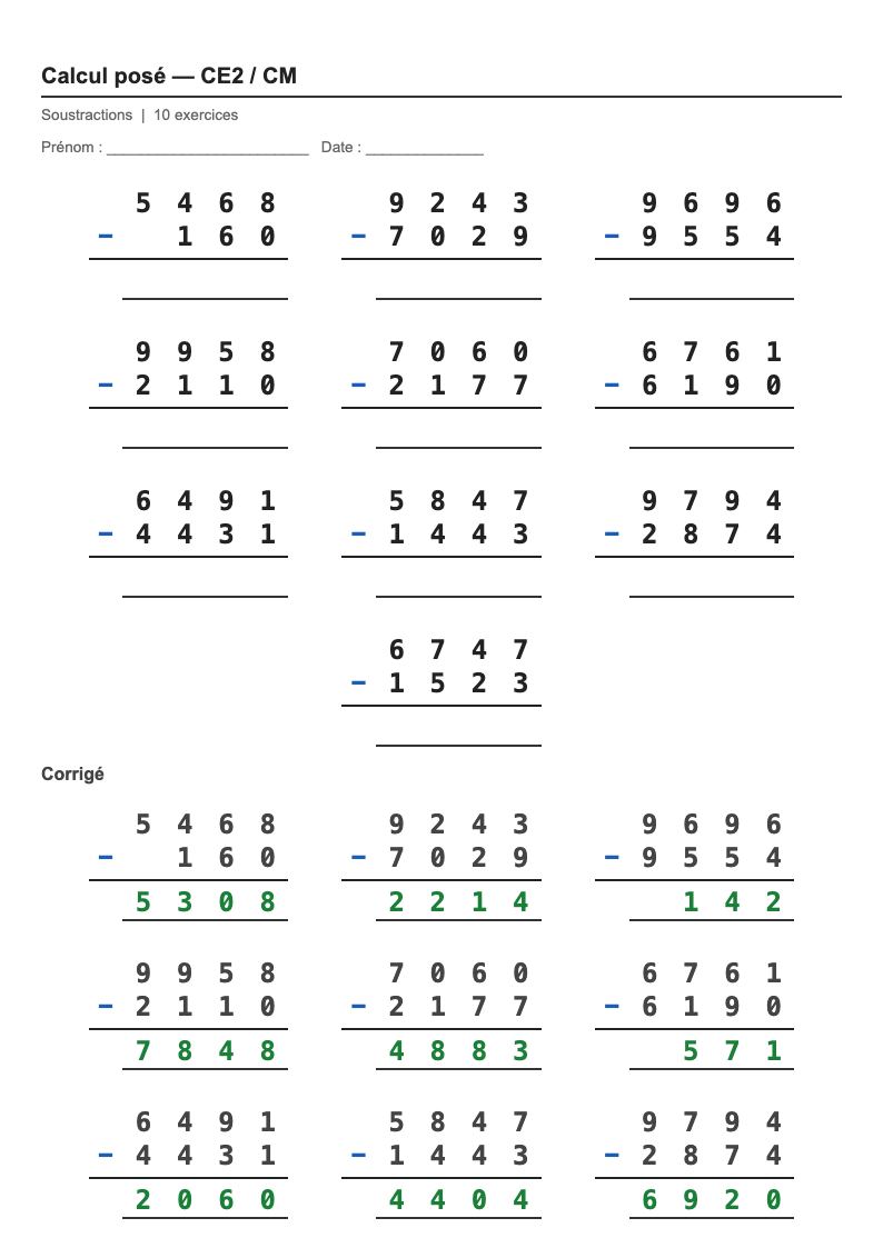 Calcul posé — CM1 : la soustraction posée, fiches d'exercices à imprimer