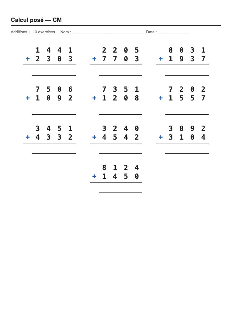 Calcul posé — CM1 : fiches d'exercices à imprimer