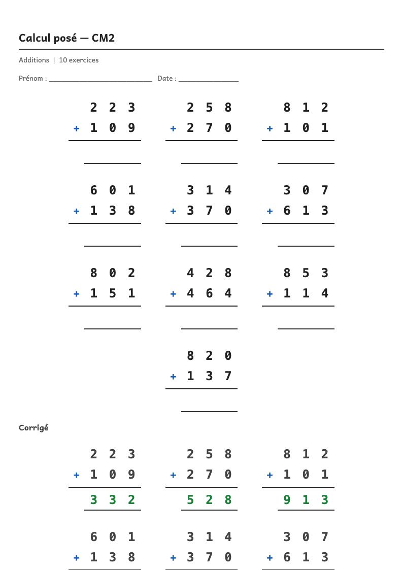 Calcul posé — CM2 : l'addition posée, fiches d'exercices à imprimer