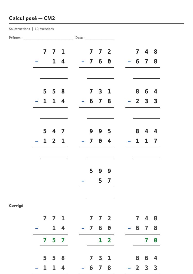 Calcul posé — CM2 : la soustraction posée, fiches d'exercices à imprimer