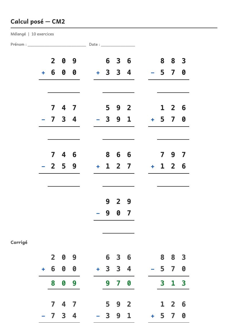 Calcul posé — CM2 : fiches d'exercices à imprimer