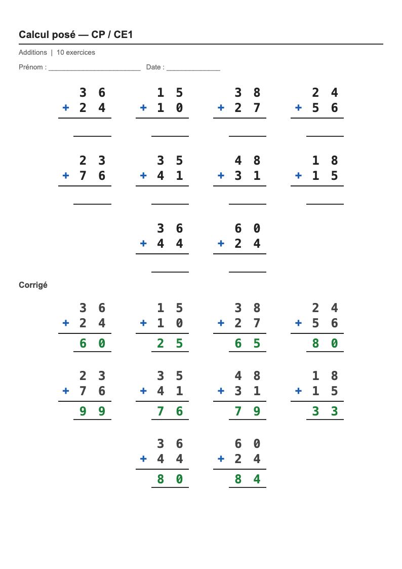 Calcul posé — CP : l'addition posée, fiches d'exercices à imprimer