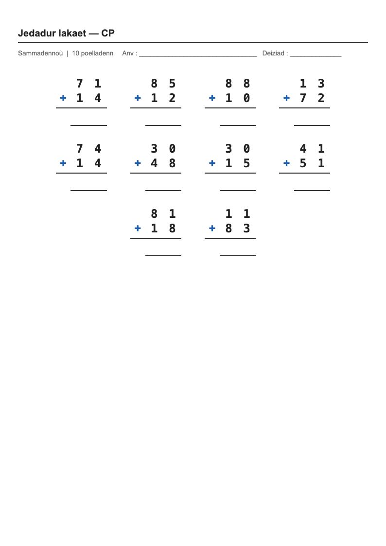 Calcul posé — CP : fiches d'exercices à imprimer (consignes en breton)
