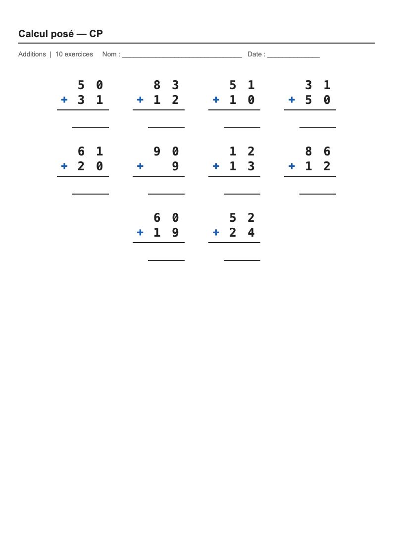 Calcul posé — CP : fiches d'exercices à imprimer