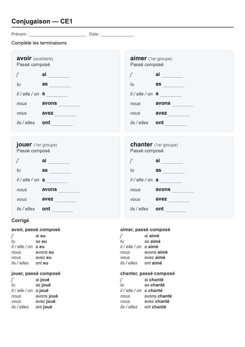 Conjugaison — CE1 : le passé composé, fiches d'exercices à imprimer