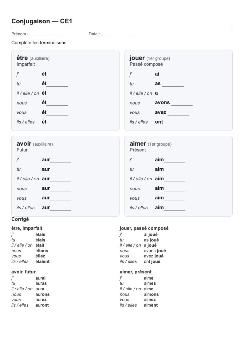 Conjugaison — CE1 : fiches d'exercices à imprimer