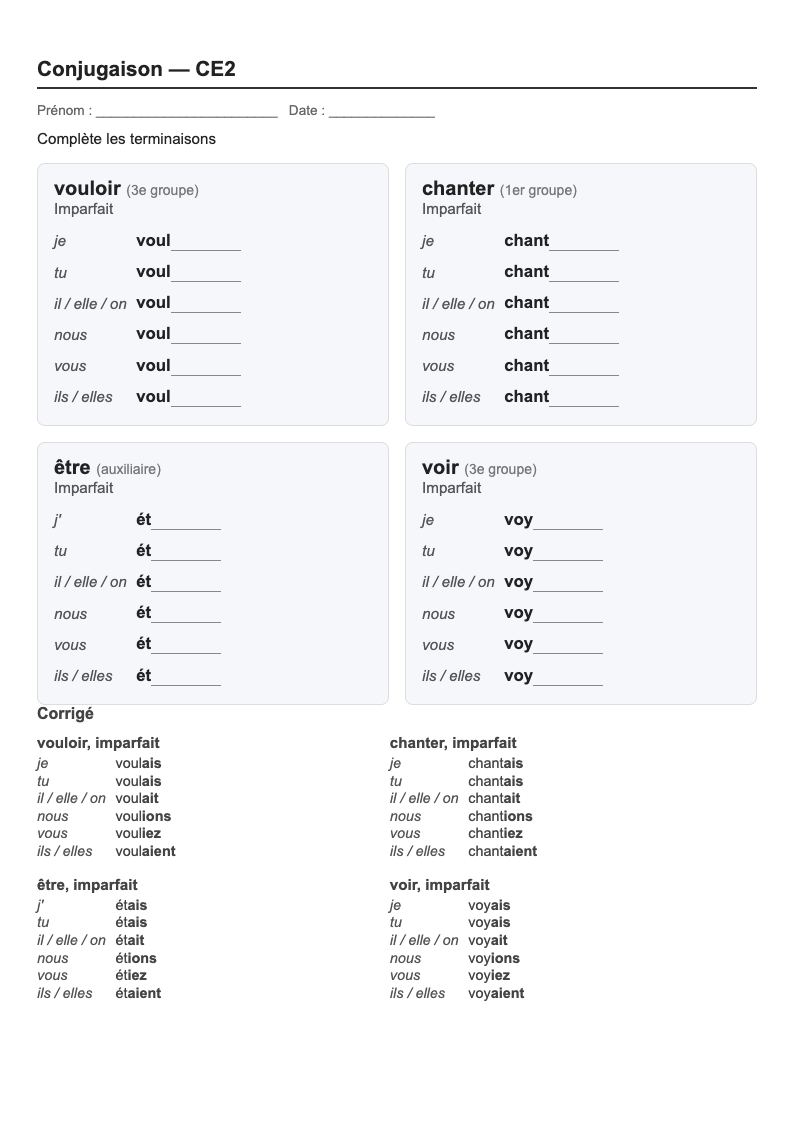 Conjugaison — CE2 : l'imparfait, fiches d'exercices à imprimer
