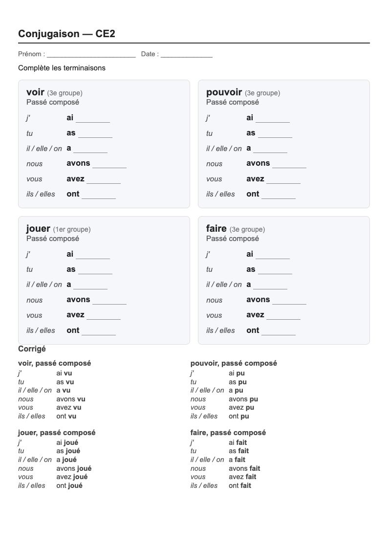 Conjugaison — CE2 : le passé composé, fiches d'exercices à imprimer