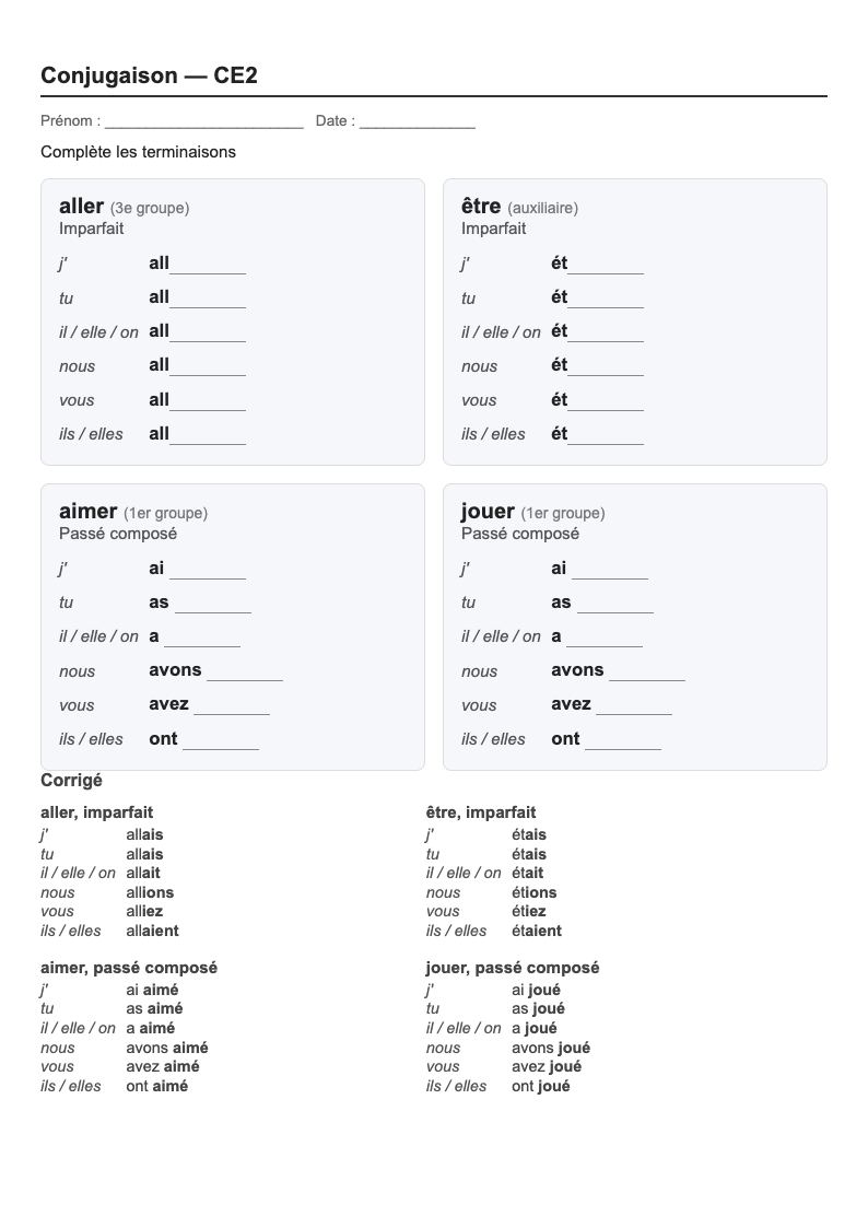 Conjugaison — CE2 : fiches d'exercices à imprimer