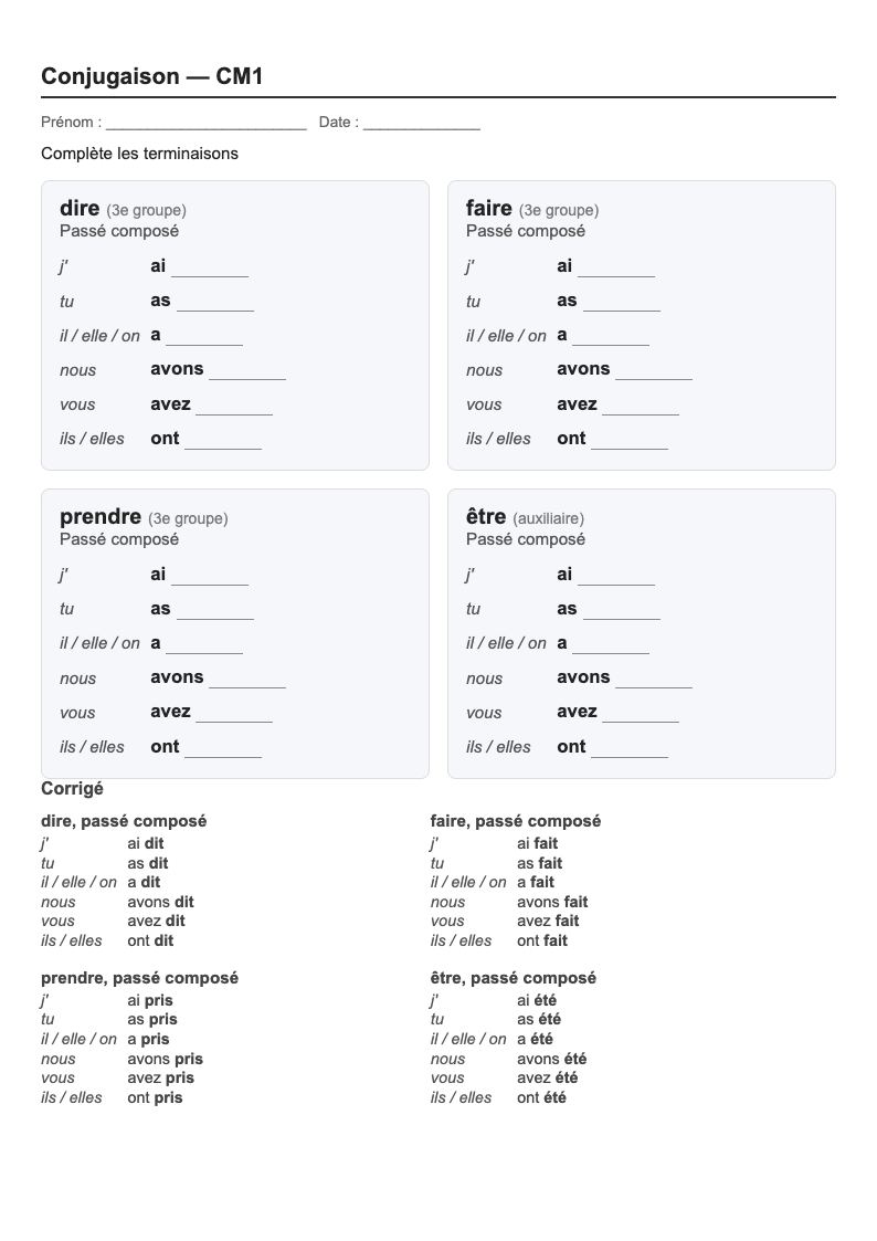 Conjugaison — CM1 : le passé composé, fiches d'exercices à imprimer