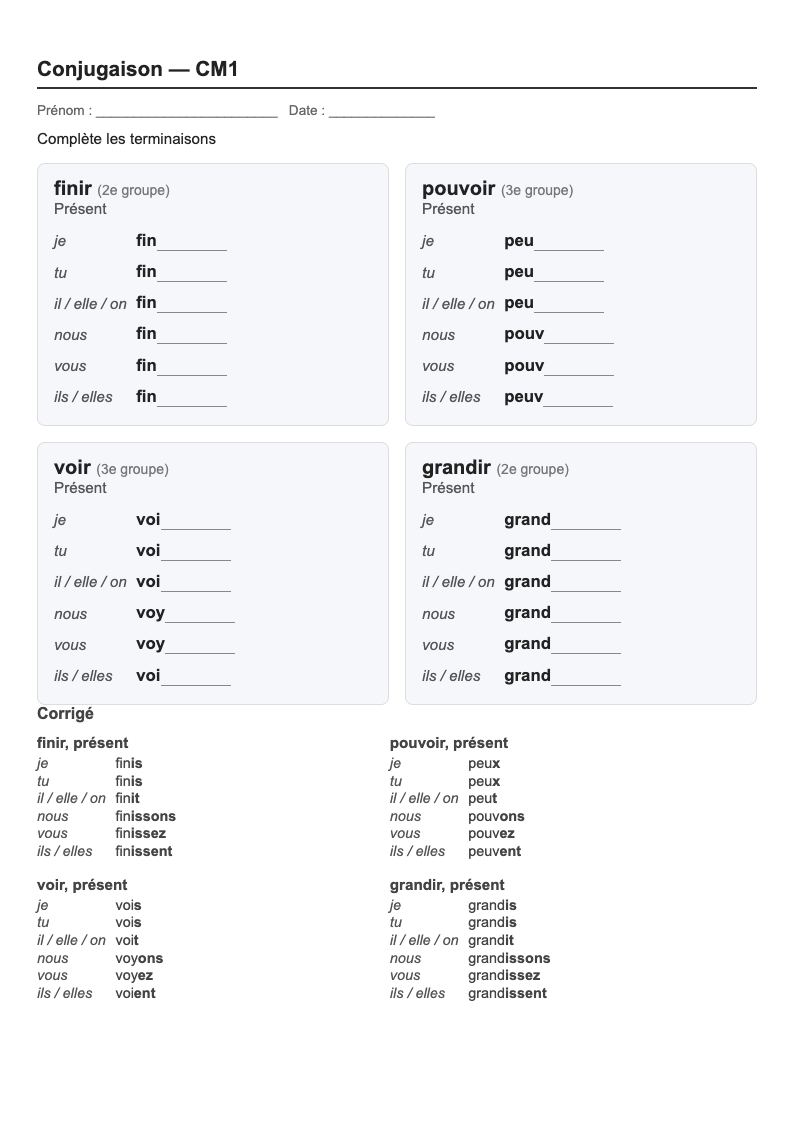 Conjugaison — CM1 : le présent, fiches d'exercices à imprimer
