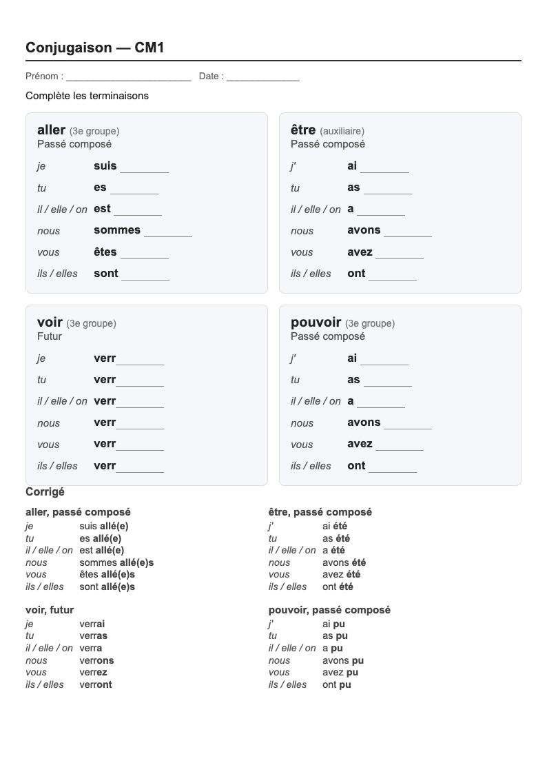 Conjugaison — CM1 : fiches d'exercices à imprimer